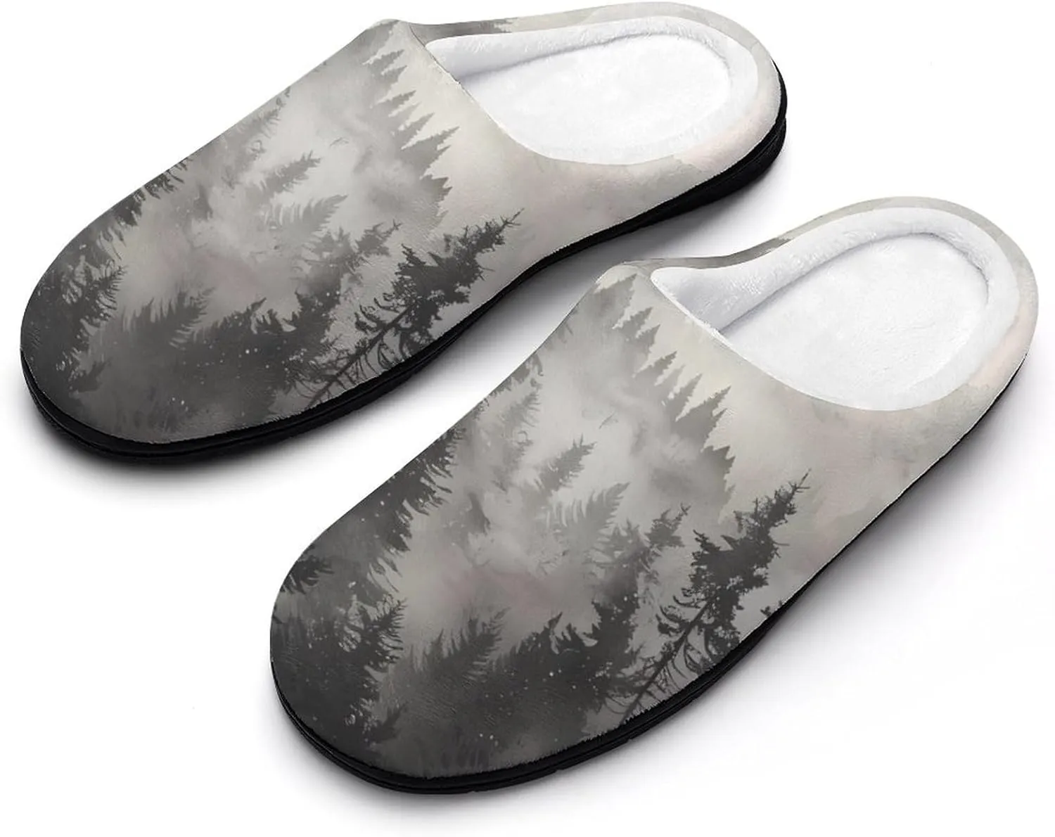 Misty Fog Pine Tree Forest Women's House Slippers Anti-Slip Cotton Home Shoes with Rubber Soles for Indoor Outdoor