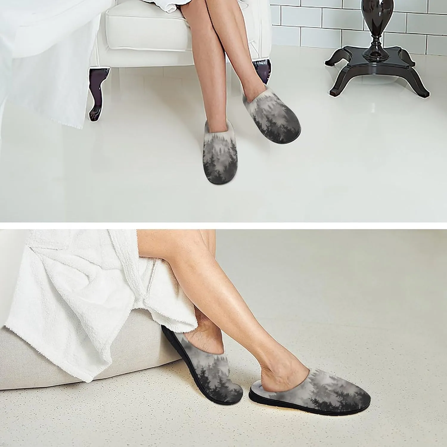 Misty Fog Pine Tree Forest Women's House Slippers Anti-Slip Cotton Home Shoes with Rubber Soles for Indoor Outdoor