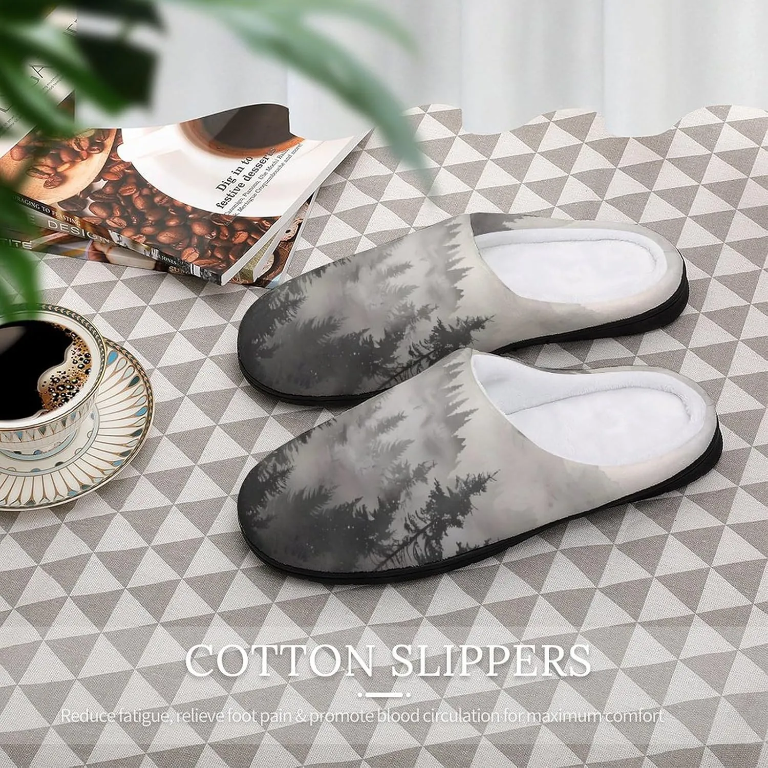 Misty Fog Pine Tree Forest Women's House Slippers Anti-Slip Cotton Home Shoes with Rubber Soles for Indoor Outdoor