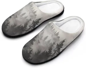 Misty Fog Pine Tree Forest Women's House Slippers Anti-Slip Cotton Home Shoes with Rubber Soles for Indoor Outdoor