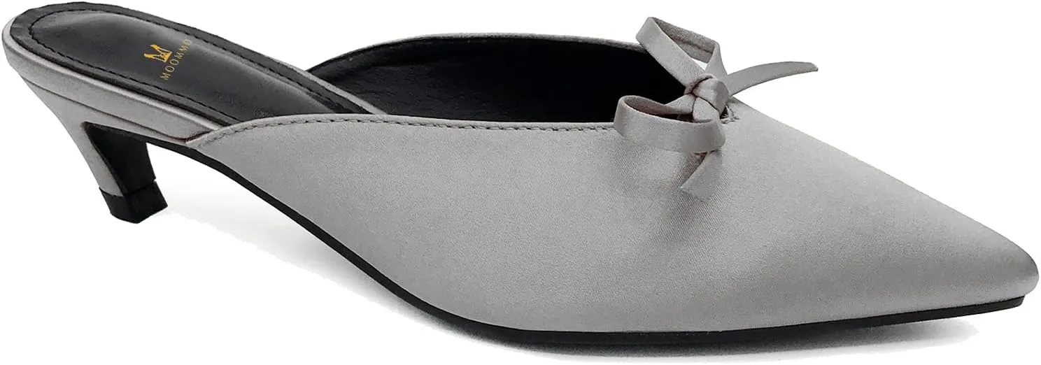 MOOMMO Women Satin Kitten Heel Mules Sandals Pointed Toe Slip On Bowtie Slide Sandal 1.5 Inch Low Heels Backless Loafer Shoes for Office Ladies Dressy Casual Summer Comfort Heeled Slipper 5-13 M US