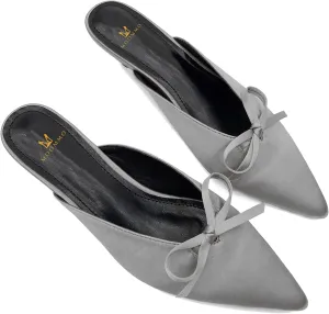MOOMMO Women Satin Kitten Heel Mules Sandals Pointed Toe Slip On Bowtie Slide Sandal 1.5 Inch Low Heels Backless Loafer Shoes for Office Ladies Dressy Casual Summer Comfort Heeled Slipper 5-13 M US