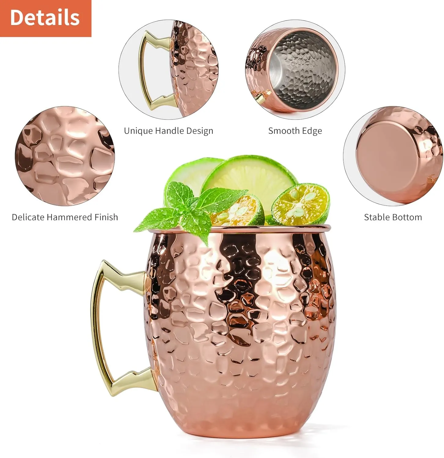 Moscow Mule Mugs Set of 4, 16 OZ Hammered Copper Cups with 304 Stainless Steel Lining and Gold Brass Handles, for Cold Drinks, Beer, Wine, Bars, Parties