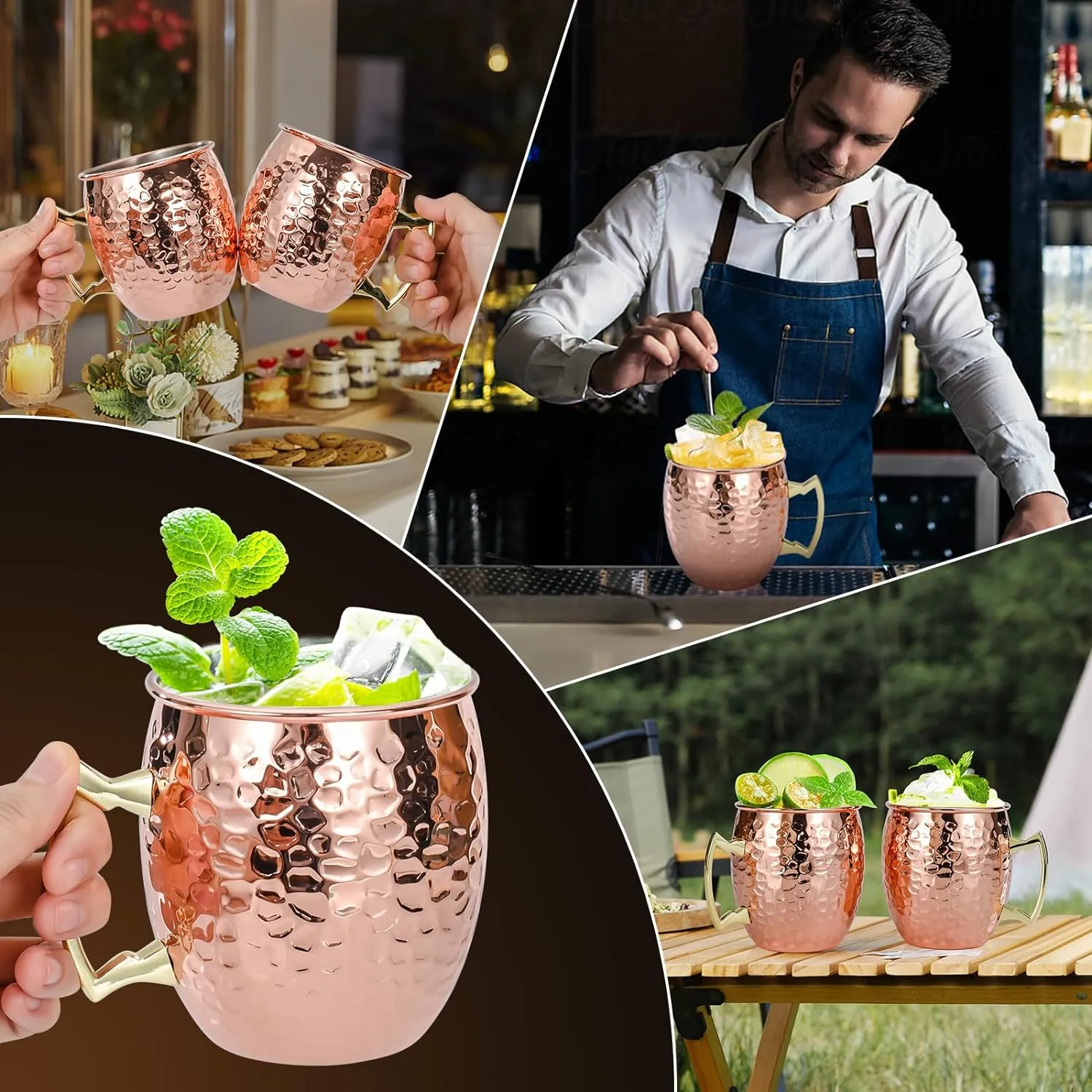 Moscow Mule Mugs Set of 4, 16 OZ Hammered Copper Cups with 304 Stainless Steel Lining and Gold Brass Handles, for Cold Drinks, Beer, Wine, Bars, Parties