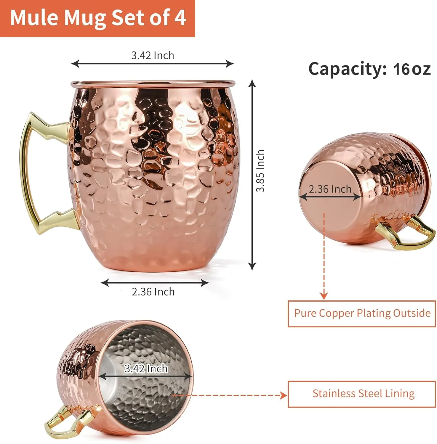 Moscow Mule Mugs Set of 4, 16 OZ Hammered Copper Cups with 304 Stainless Steel Lining and Gold Brass Handles, for Cold Drinks, Beer, Wine, Bars, Parties