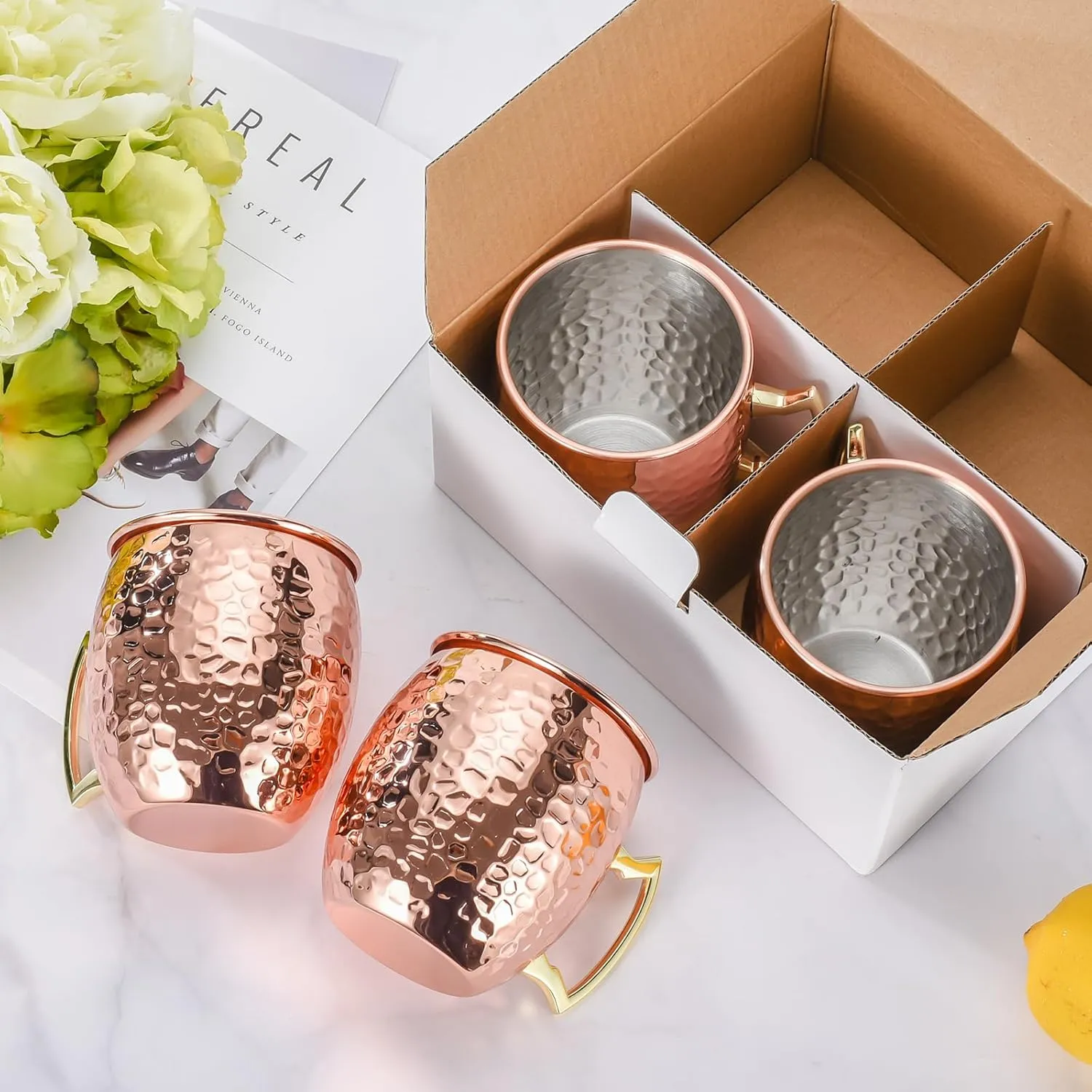 Moscow Mule Mugs Set of 4, 16 OZ Hammered Copper Cups with 304 Stainless Steel Lining and Gold Brass Handles, for Cold Drinks, Beer, Wine, Bars, Parties