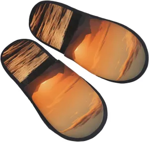 Mountain and Water at Sunset Women's Fuzzy Slippers Slip-on Slipper Soft Comfy Bedroom Slippers Non-slip House Shoes