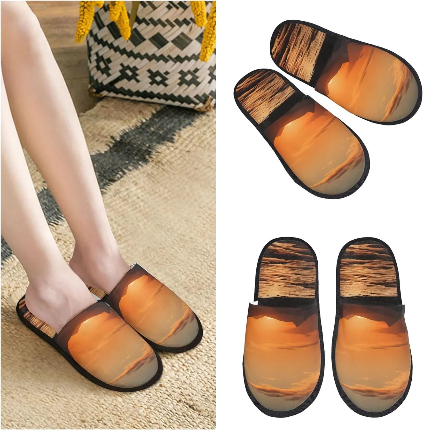 Mountain and Water at Sunset Women's Fuzzy Slippers Slip-on Slipper Soft Comfy Bedroom Slippers Non-slip House Shoes