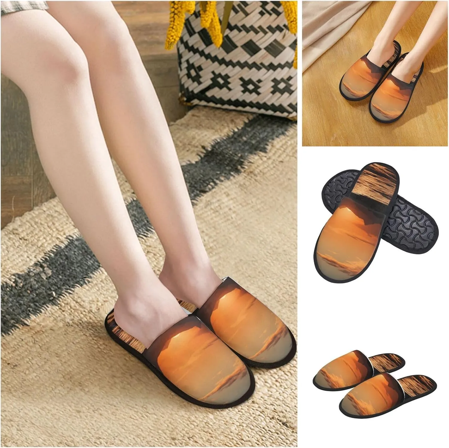 Mountain and Water at Sunset Women's Fuzzy Slippers Slip-on Slipper Soft Comfy Bedroom Slippers Non-slip House Shoes