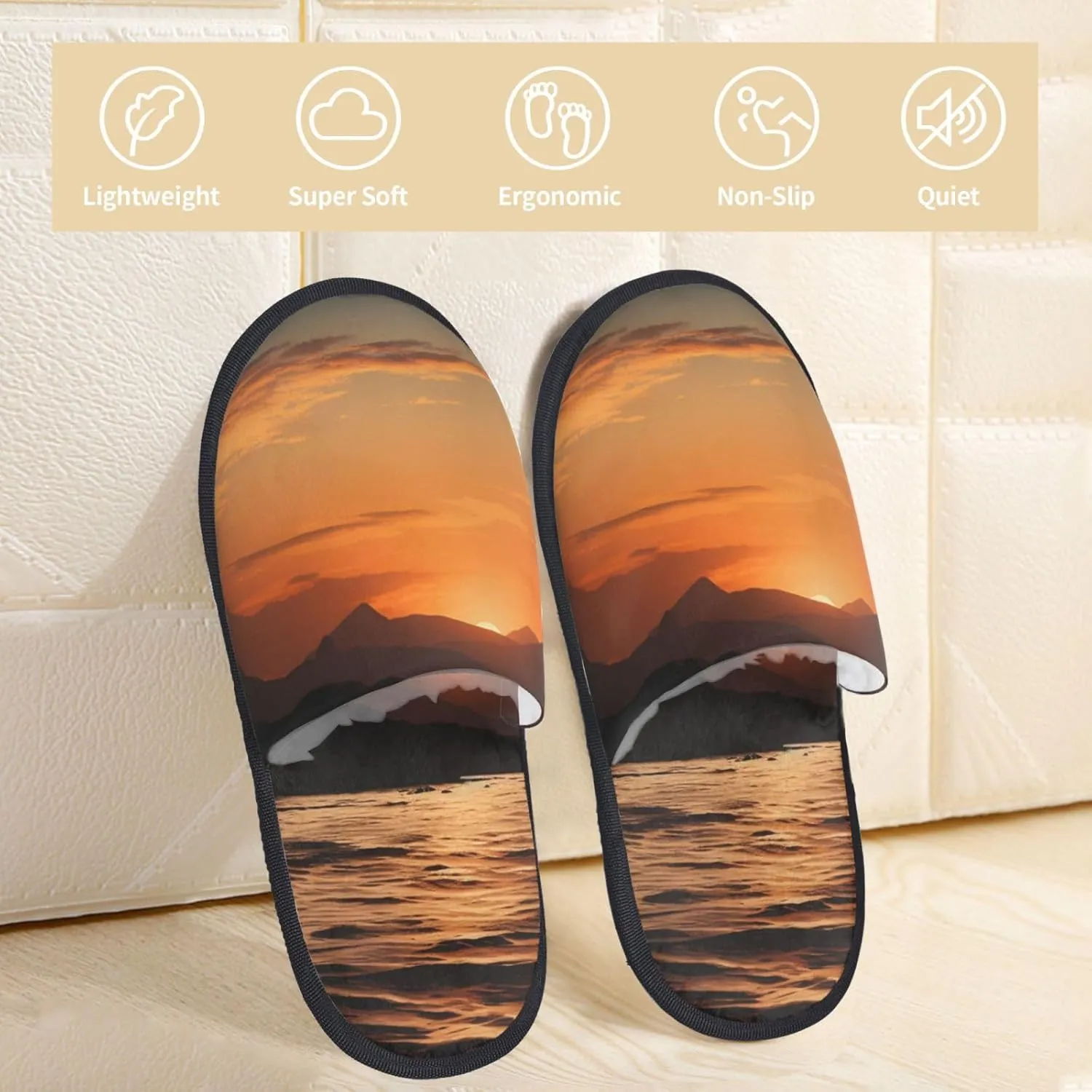 Mountain and Water at Sunset Women's Fuzzy Slippers Slip-on Slipper Soft Comfy Bedroom Slippers Non-slip House Shoes