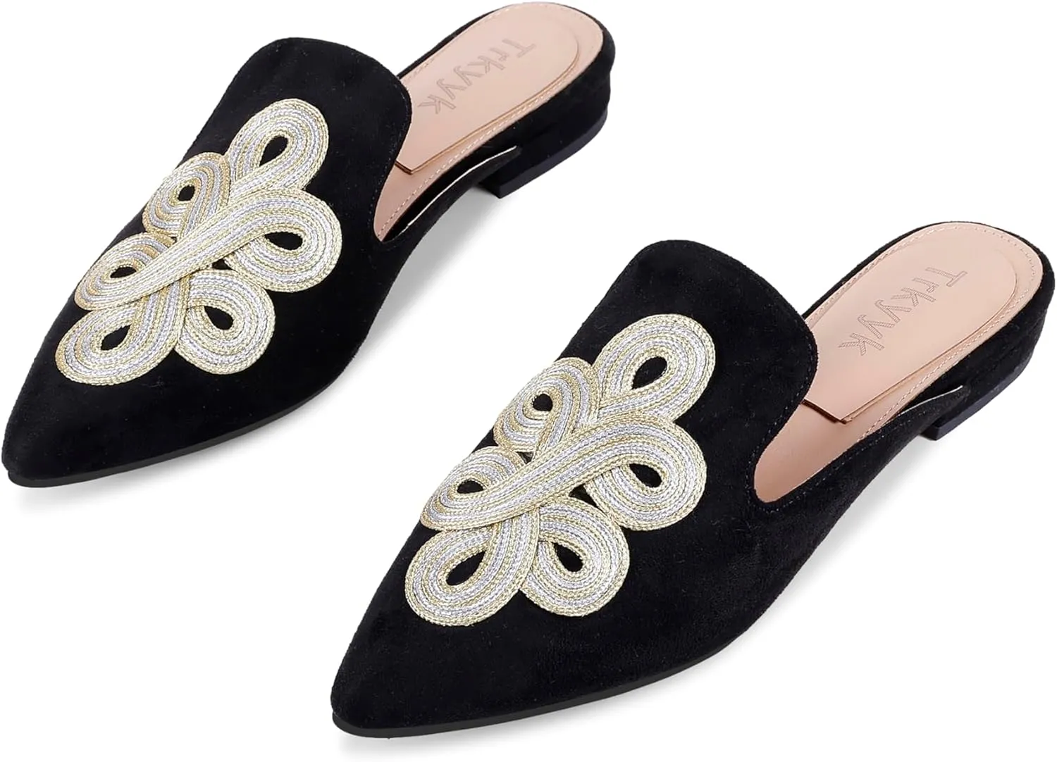 Mules for Women Pointed Toe Comfortable Flats Handmade Knotting Mules Backless Loafers
