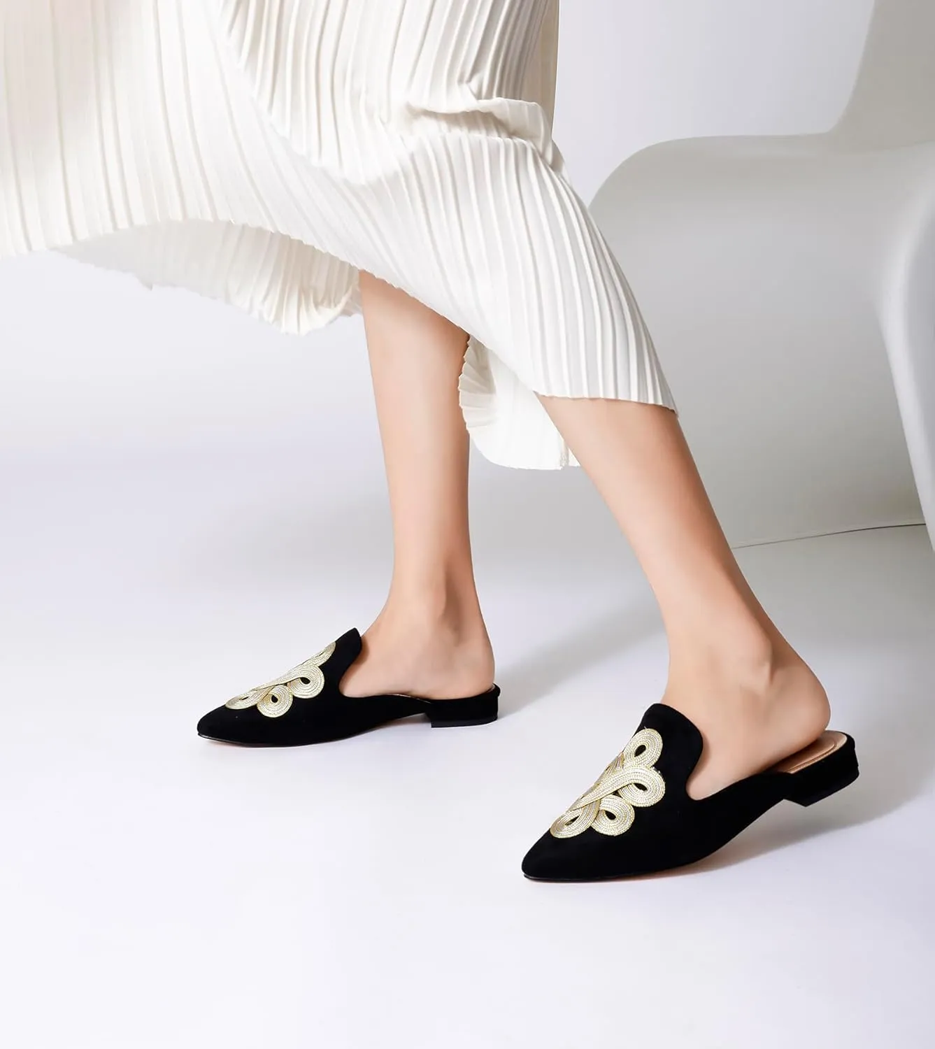 Mules for Women Pointed Toe Comfortable Flats Handmade Knotting Mules Backless Loafers