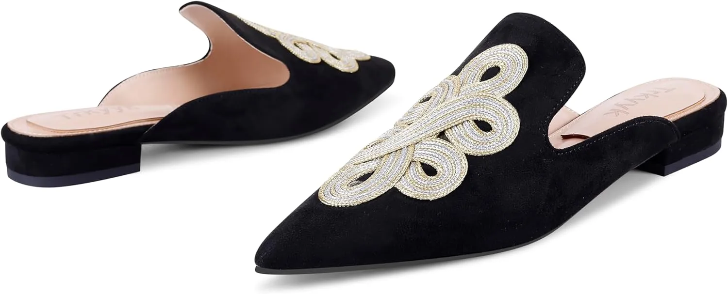Mules for Women Pointed Toe Comfortable Flats Handmade Knotting Mules Backless Loafers