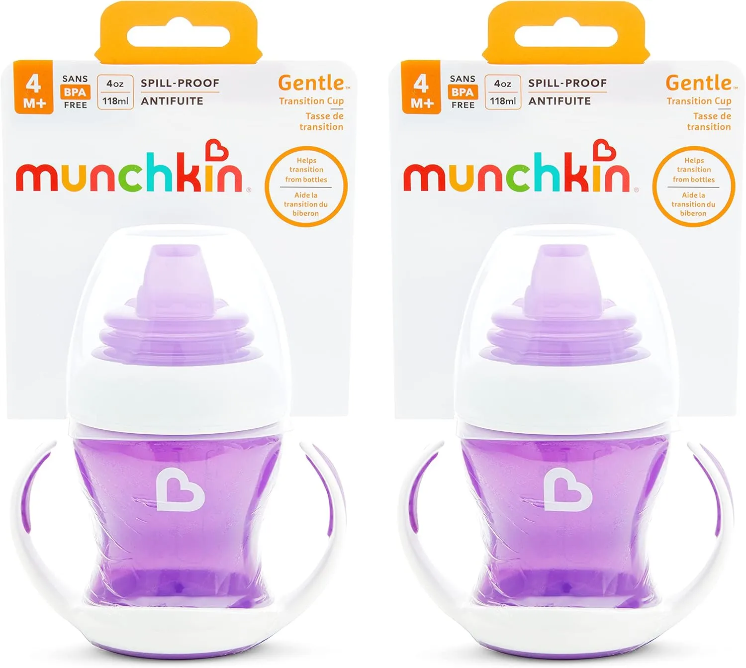 Munchkin® Gentle™ Transition Sippy Trainer Cup, 4 Ounce, 2 Pack, Purple