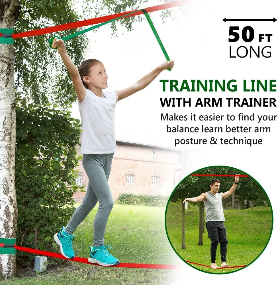 Ninja Warrior Obstacle Course for Kids Backyard - 2×50ft Slackline Kit with 10 Most Complete Accessories for Boys & Girls, Swing, Rope Ladder, Gymnastic Ring, Climbing Net, Arm Trainer and Monkey Fist