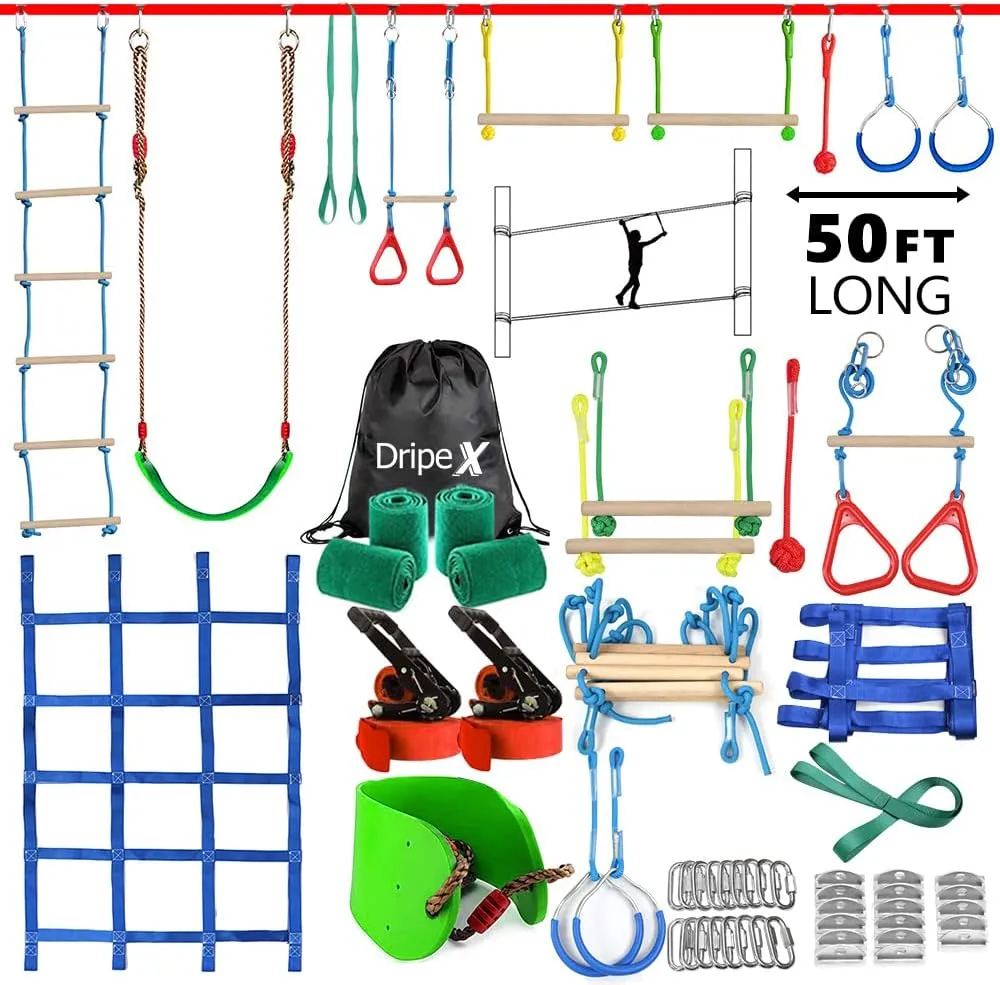 Ninja Warrior Obstacle Course for Kids Backyard - 2×50ft Slackline Kit with 10 Most Complete Accessories for Boys & Girls, Swing, Rope Ladder, Gymnastic Ring, Climbing Net, Arm Trainer and Monkey Fist