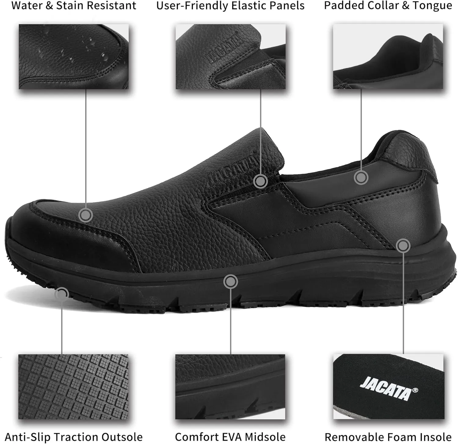 Non Slip Black Work Shoes for Women Food Service Womens Water Slip Resistant Leather Slip on Chef Walking Shoes for Restaurant Kitchen Sneakers