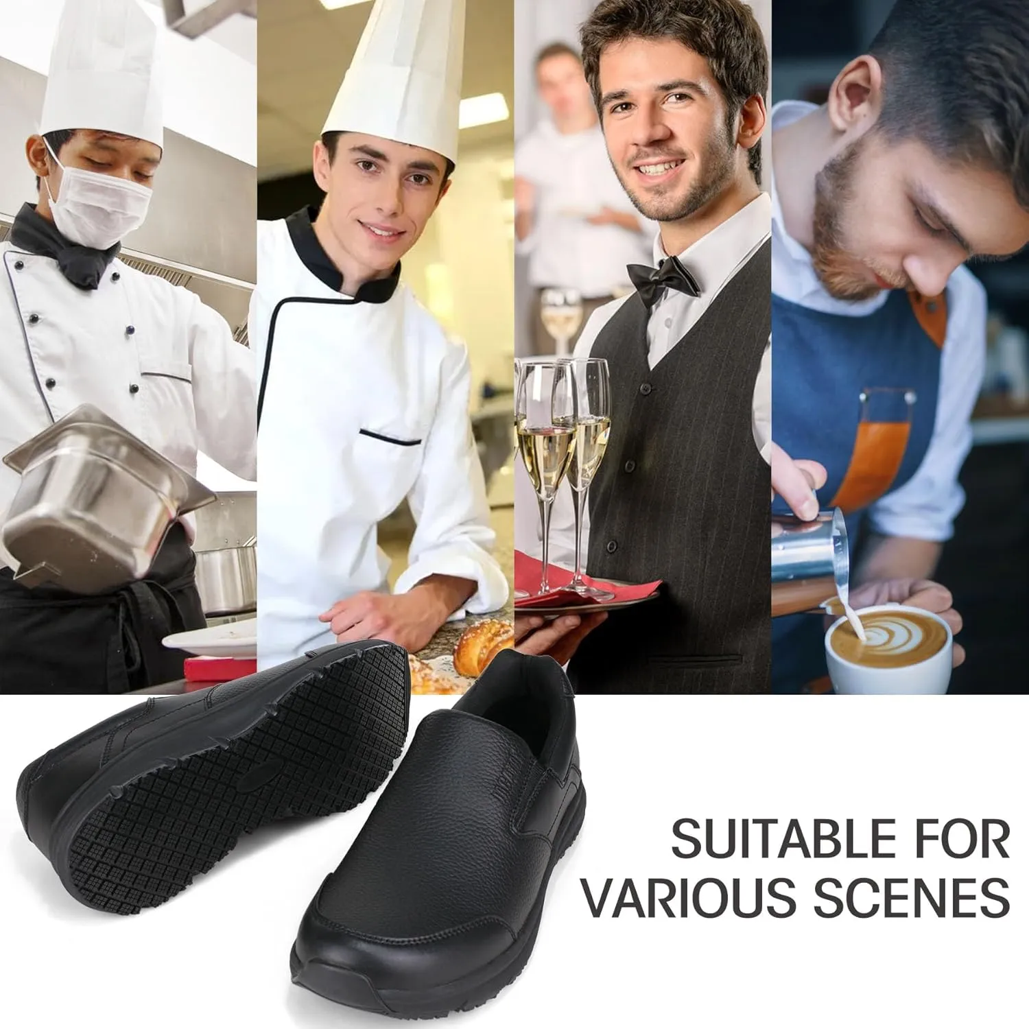 Non Slip Black Work Shoes for Women Food Service Womens Water Slip Resistant Leather Slip on Chef Walking Shoes for Restaurant Kitchen Sneakers