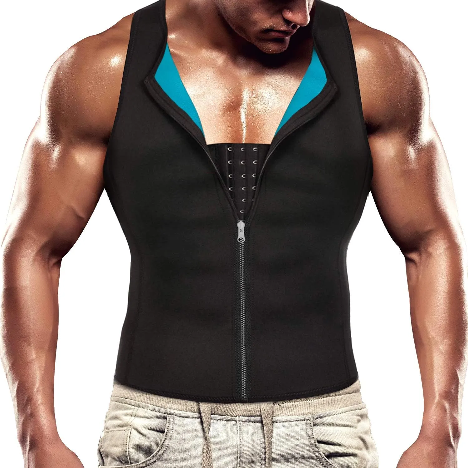 NonEcho Men Waist Trainer Vest Sweat Vest Hot Neoprene Zipper Sauna Girdle Tank Top Workout Shirt Shapewear Black