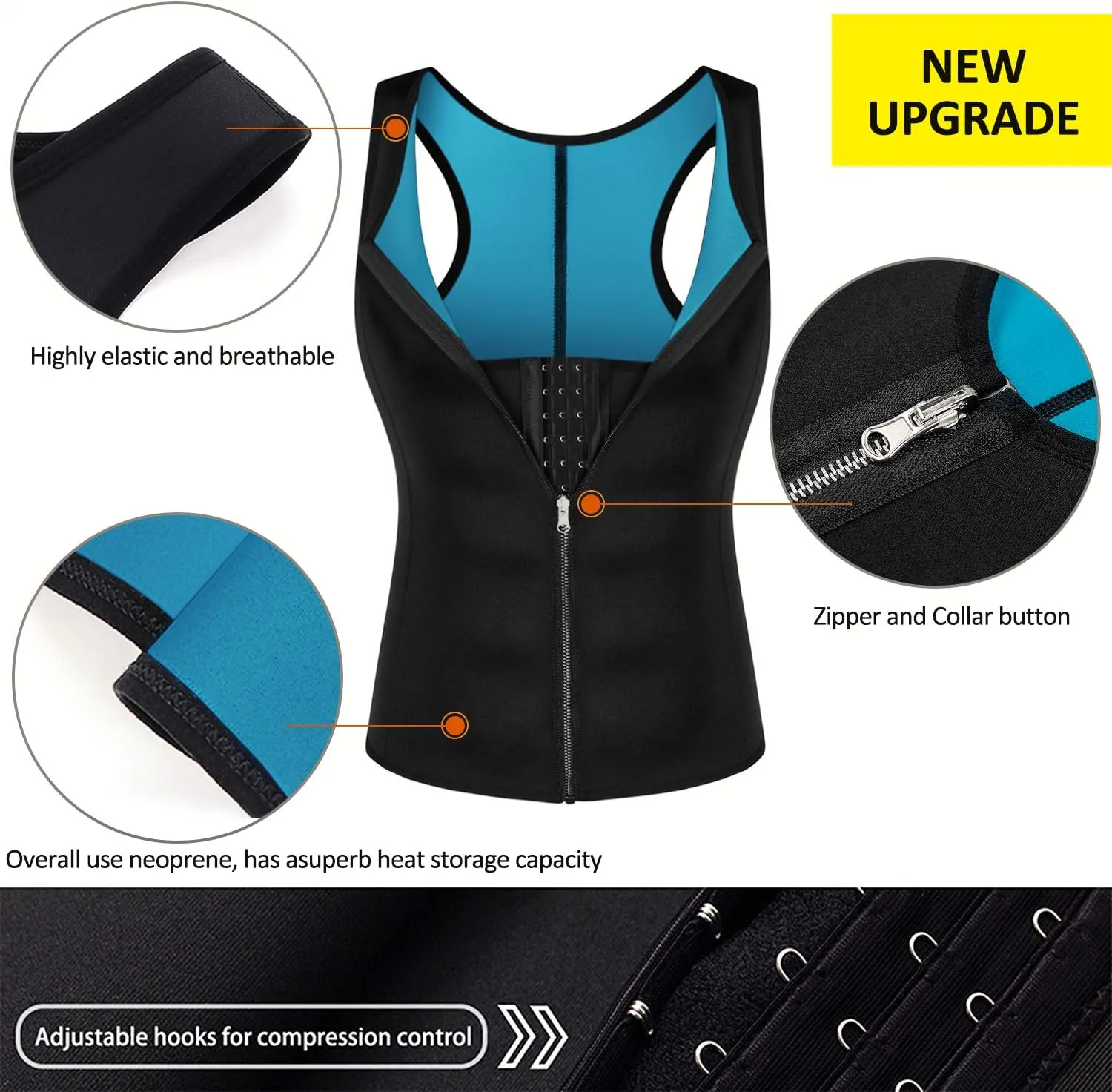 NonEcho Men Waist Trainer Vest Sweat Vest Hot Neoprene Zipper Sauna Girdle Tank Top Workout Shirt Shapewear Black