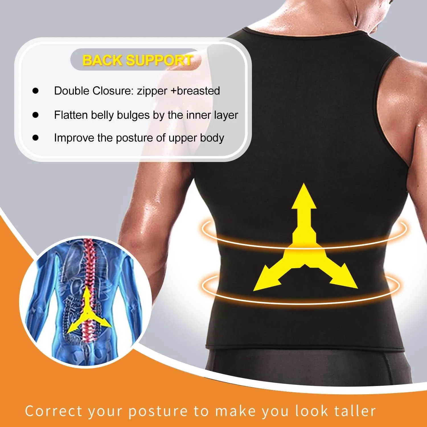 NonEcho Men Waist Trainer Vest Sweat Vest Hot Neoprene Zipper Sauna Girdle Tank Top Workout Shirt Shapewear Black