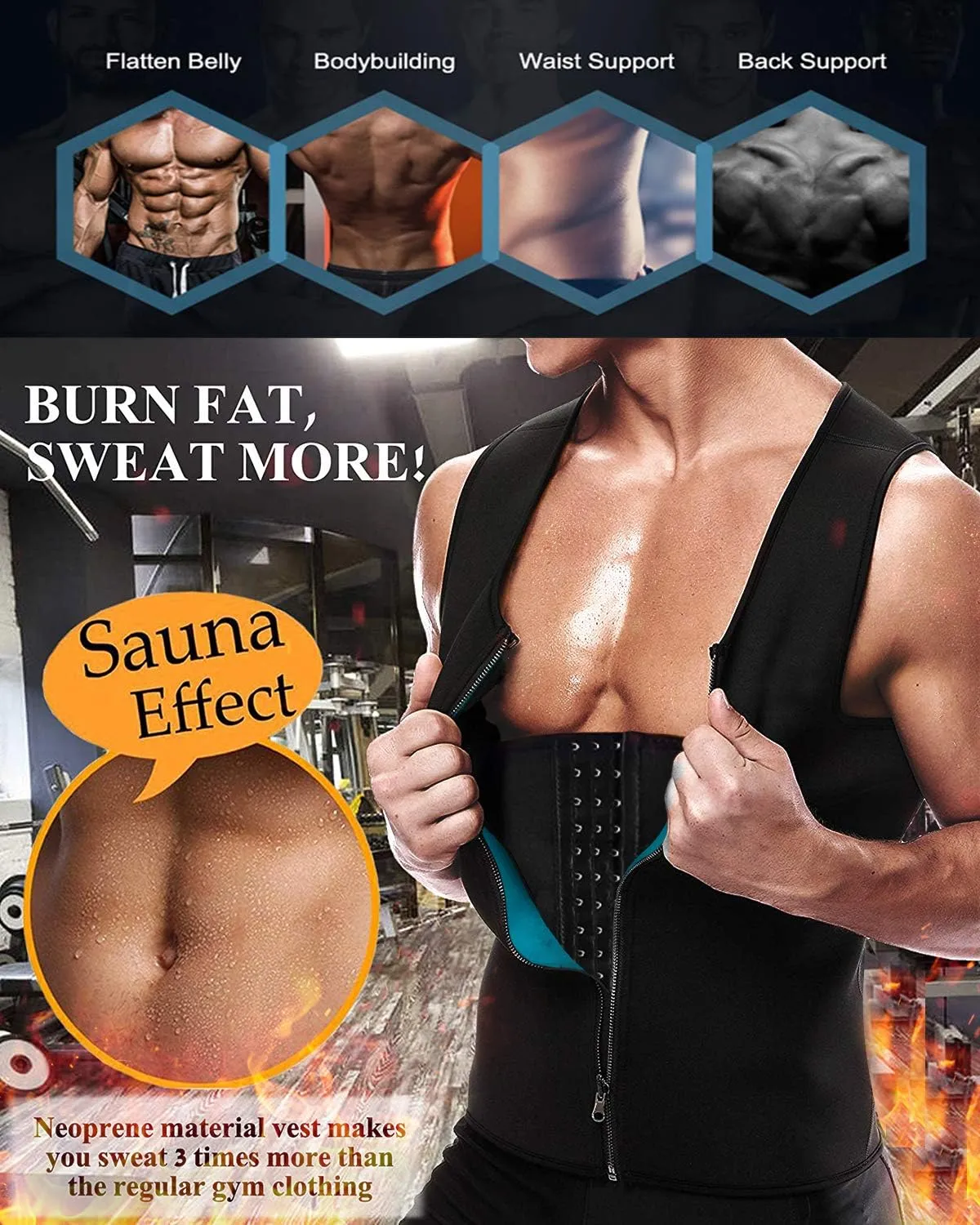 NonEcho Men Waist Trainer Vest Sweat Vest Hot Neoprene Zipper Sauna Girdle Tank Top Workout Shirt Shapewear Black