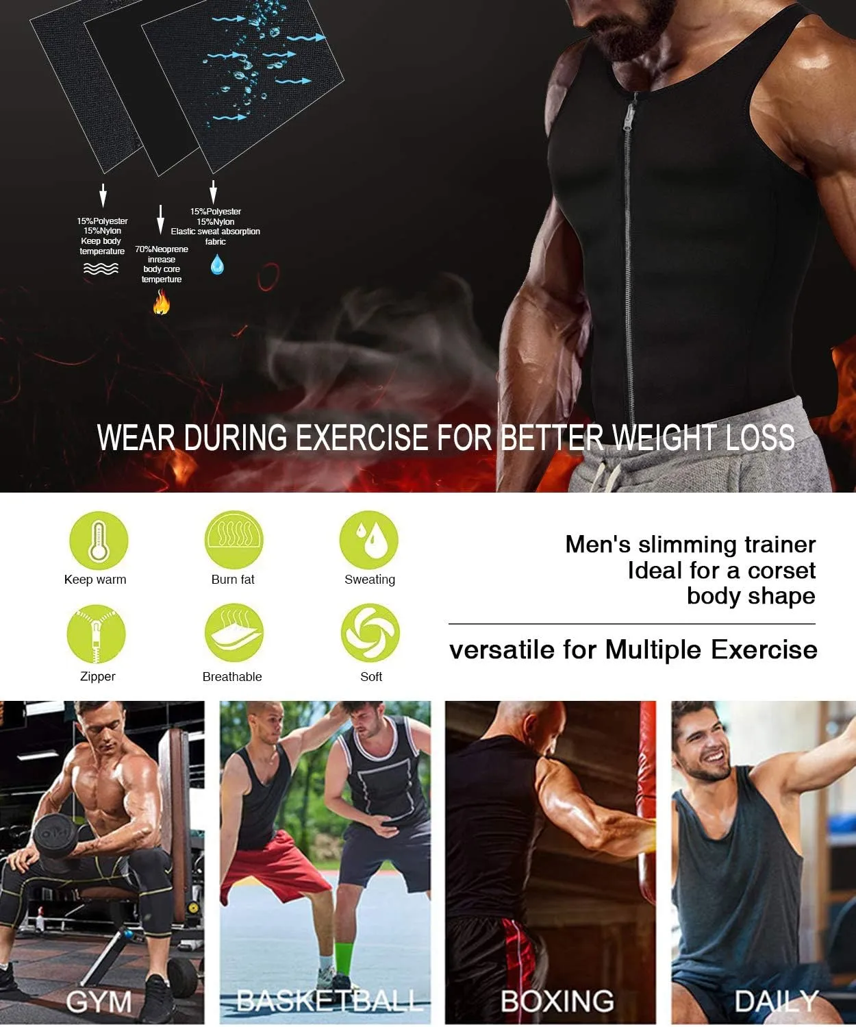 NonEcho Men Waist Trainer Vest Sweat Vest Hot Neoprene Zipper Sauna Girdle Tank Top Workout Shirt Shapewear Black