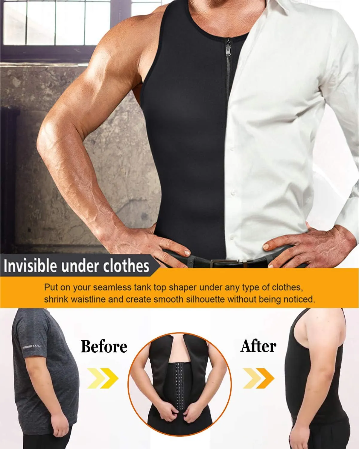NonEcho Men Waist Trainer Vest Sweat Vest Hot Neoprene Zipper Sauna Girdle Tank Top Workout Shirt Shapewear Black