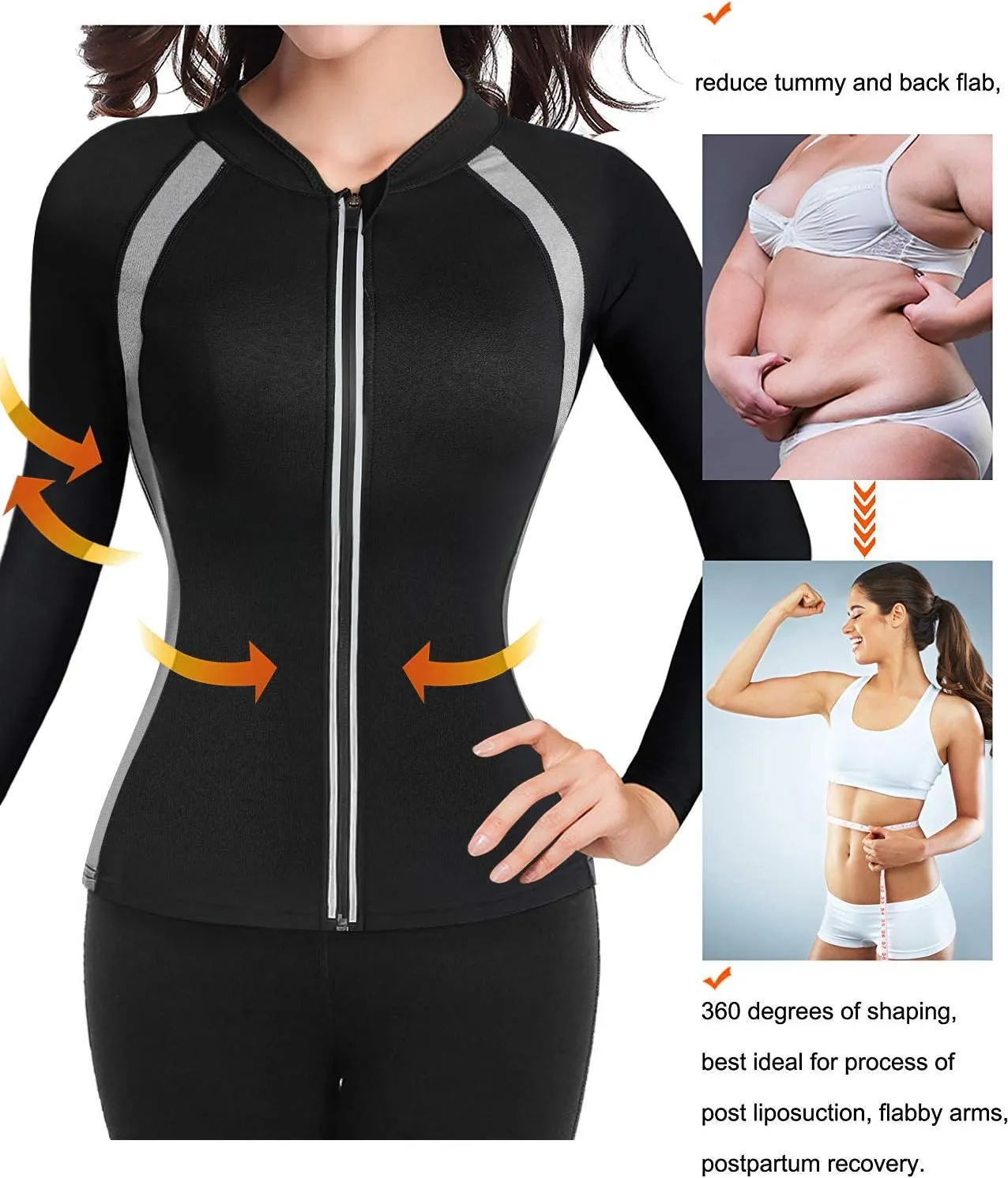 NonEcho Women Sauna Suit Waist Trainer Jacket Hot Sweat Top Neoprene Body Shaper Workout Suit Running Cycling Jersey Black