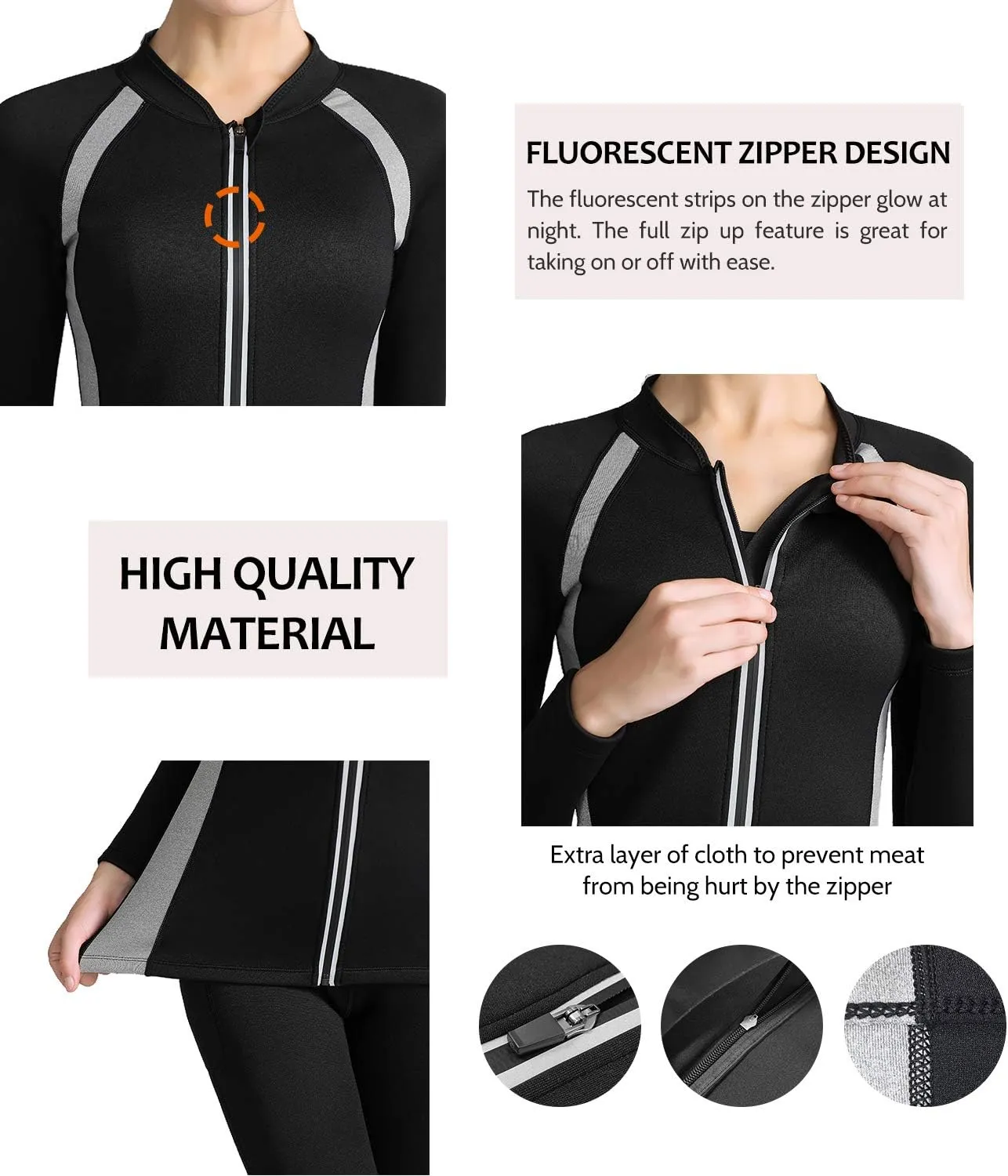 NonEcho Women Sauna Suit Waist Trainer Jacket Hot Sweat Top Neoprene Body Shaper Workout Suit Running Cycling Jersey Black