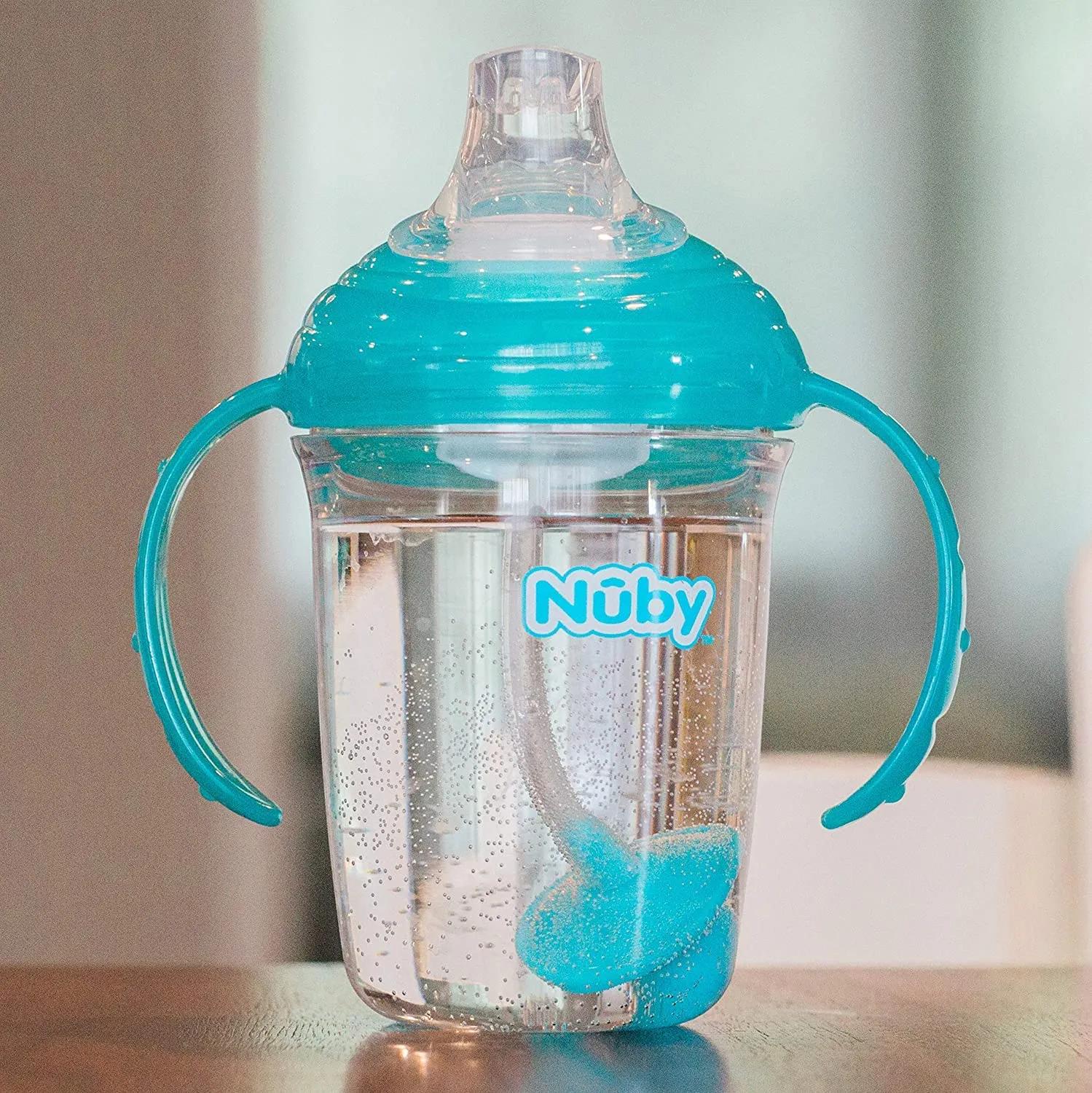 Nuby No Spill 360 Weighted Straw Grip N' Sip Tritan Cup with Hygienic Cover, 8 Oz, Trainer Cup (Pink/Teal)