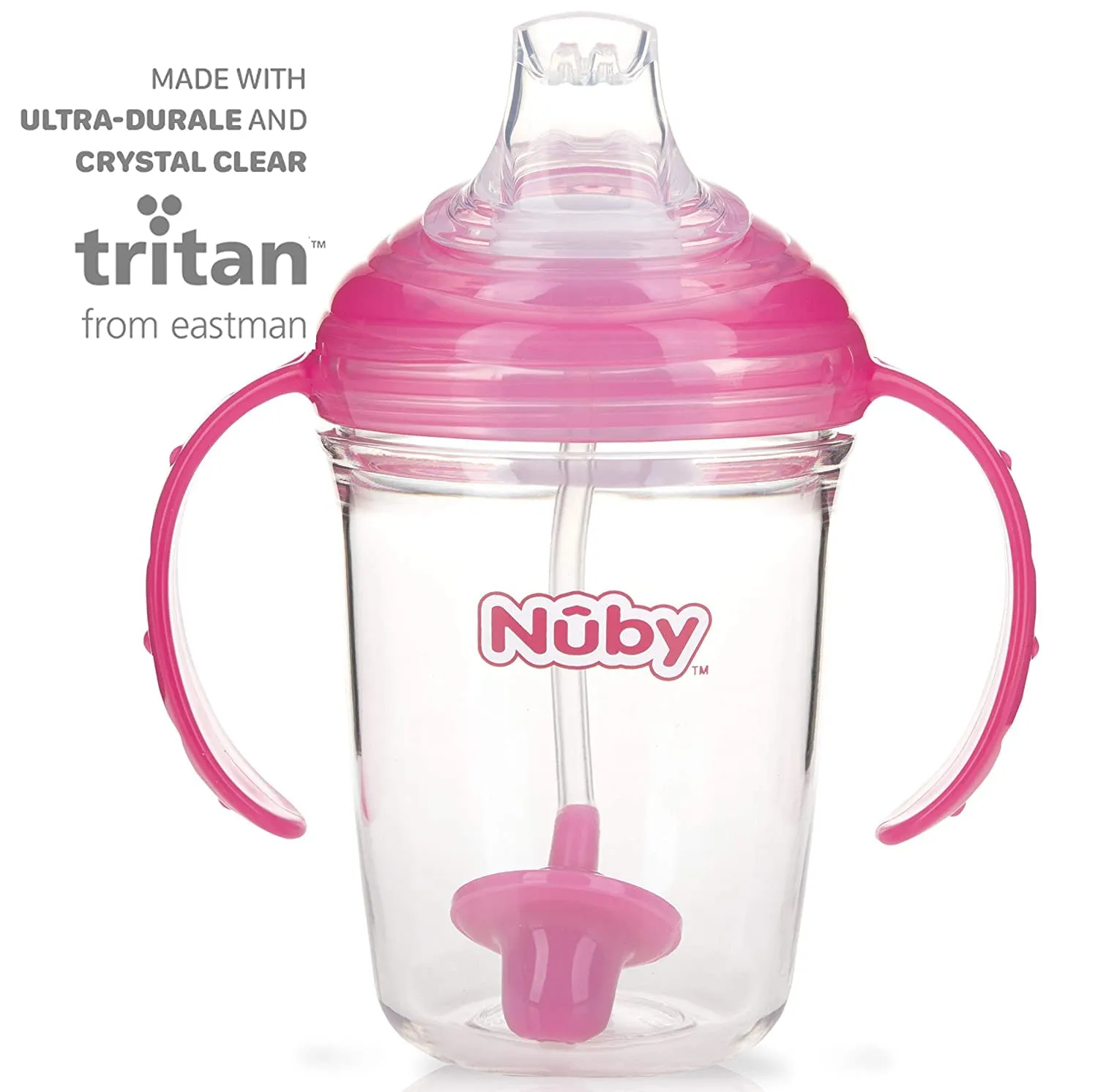 Nuby No Spill 360 Weighted Straw Grip N' Sip Tritan Cup with Hygienic Cover, 8 Oz, Trainer Cup (Pink/Teal)