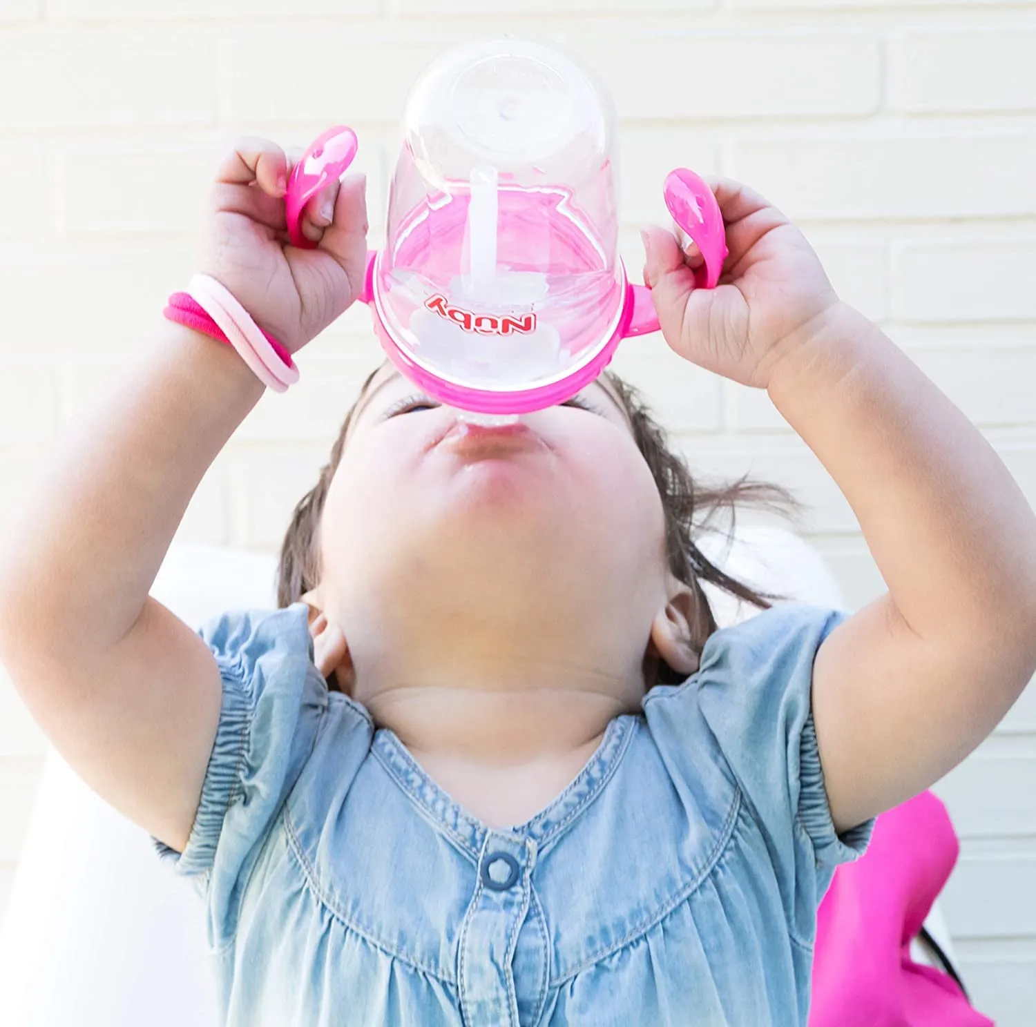 Nuby No Spill 360 Weighted Straw Grip N' Sip Tritan Cup with Hygienic Cover, 8 Oz, Trainer Cup (Pink/Teal)