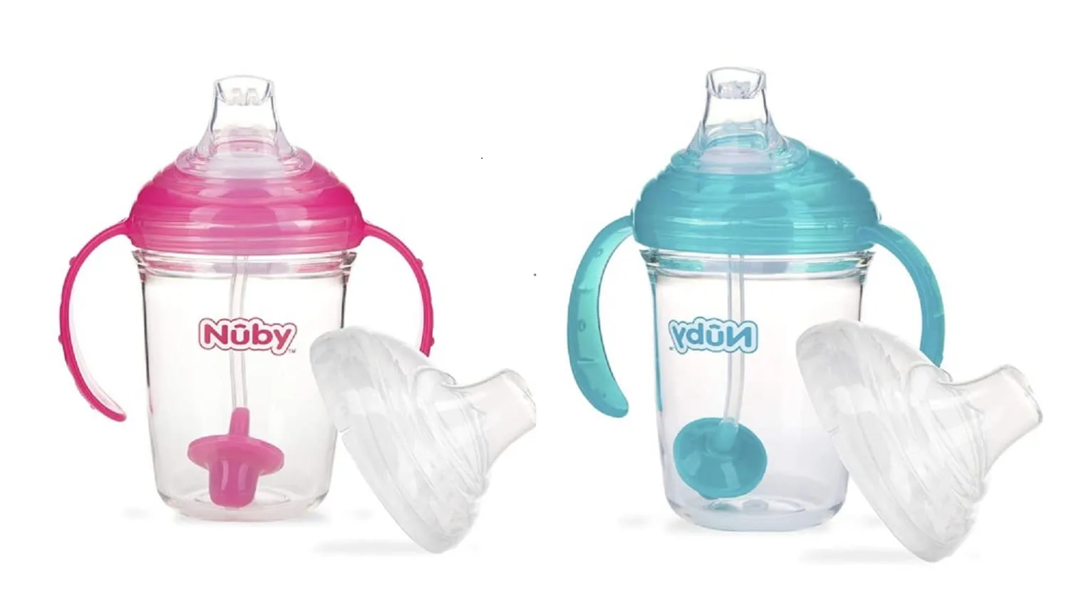 Nuby No Spill 360 Weighted Straw Grip N' Sip Tritan Cup with Hygienic Cover, 8 Oz, Trainer Cup (Pink/Teal)