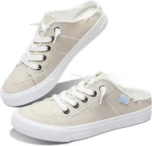 Obtaom Women Canvas Mules Memory Foam Clipper Fashion Sneakers Comfortable Slip-On Mule Backless Holiday Shoes