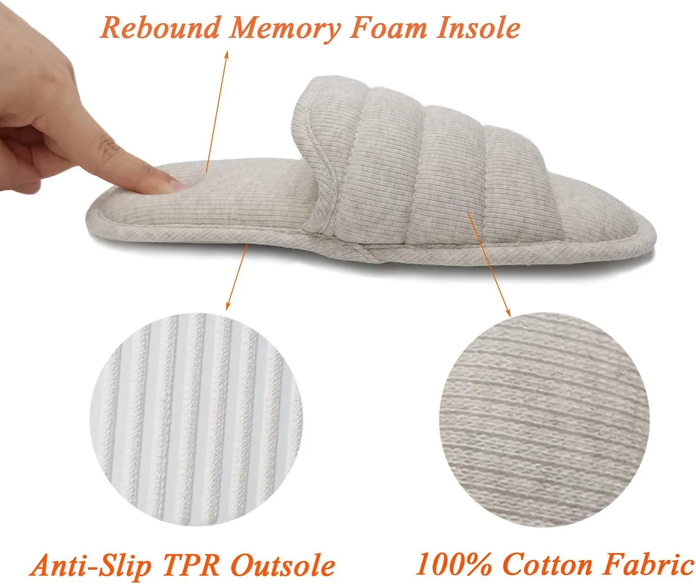 ofoot Mens Cotton Open Toe House Flat Slippers,Male Breathable Summer Indoor Slides, Memory Foam Anti Slip Sole