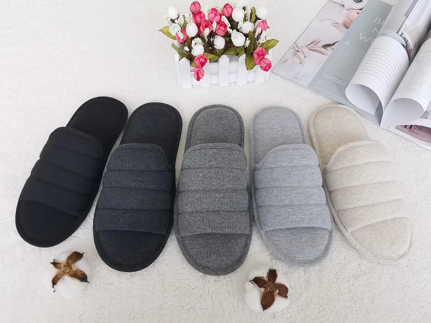 ofoot Mens Cotton Open Toe House Flat Slippers,Male Breathable Summer Indoor Slides, Memory Foam Anti Slip Sole