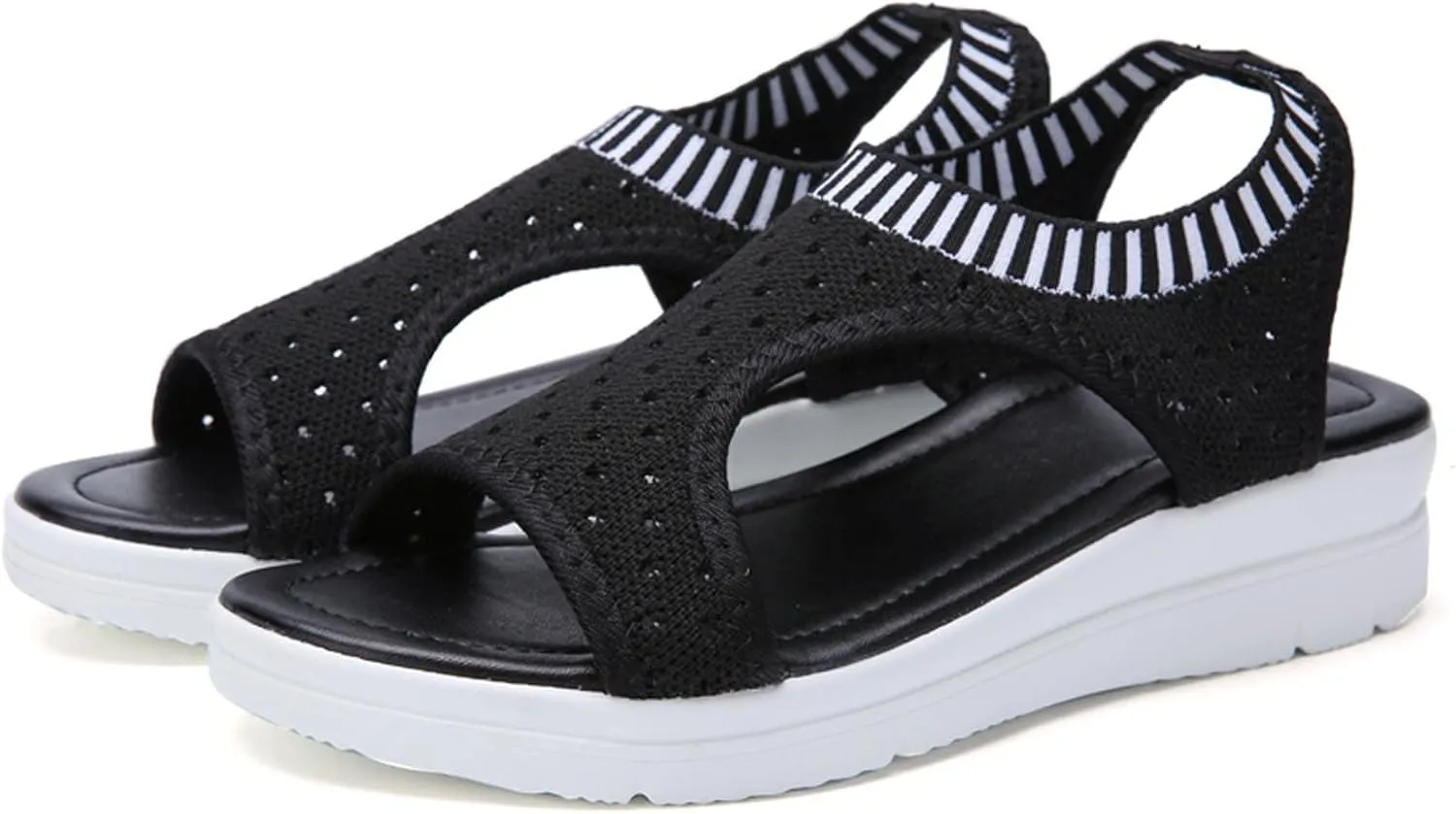 oiangi Knitted Wedge Sandals for Women Fashion Fish Mouth Open Toe Hollow Mesh Breathable Slip-on Platform Sport Sandals Summer Stretchy Comfy Walking Shoes