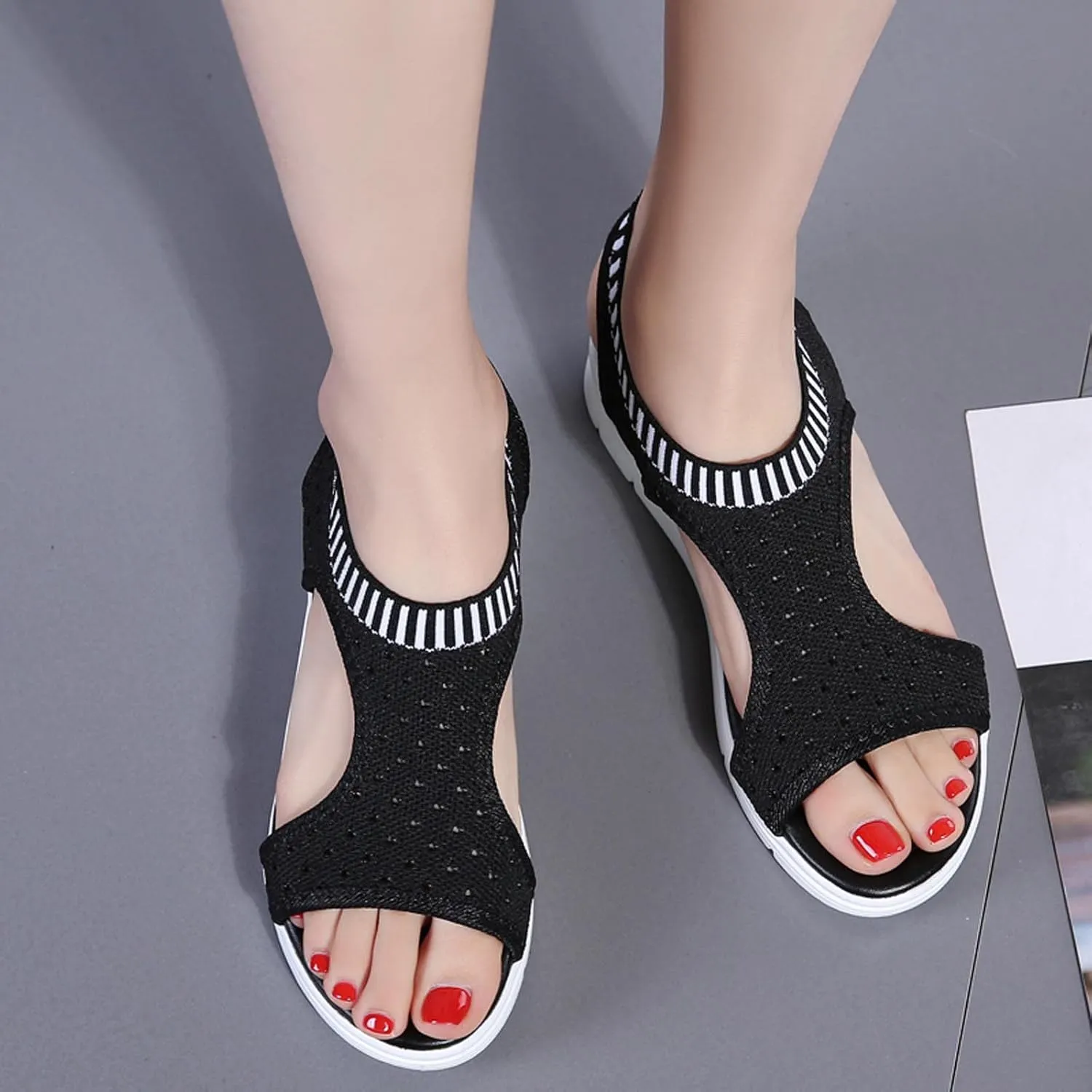 oiangi Knitted Wedge Sandals for Women Fashion Fish Mouth Open Toe Hollow Mesh Breathable Slip-on Platform Sport Sandals Summer Stretchy Comfy Walking Shoes