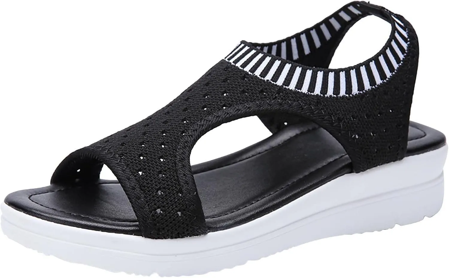 oiangi Knitted Wedge Sandals for Women Fashion Fish Mouth Open Toe Hollow Mesh Breathable Slip-on Platform Sport Sandals Summer Stretchy Comfy Walking Shoes