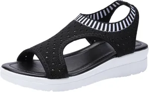 oiangi Knitted Wedge Sandals for Women Fashion Fish Mouth Open Toe Hollow Mesh Breathable Slip-on Platform Sport Sandals Summer Stretchy Comfy Walking Shoes