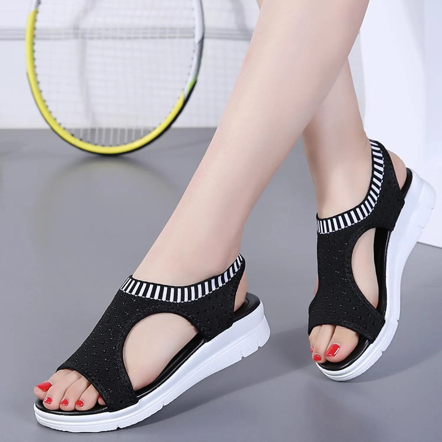 oiangi Knitted Wedge Sandals for Women Fashion Fish Mouth Open Toe Hollow Mesh Breathable Slip-on Platform Sport Sandals Summer Stretchy Comfy Walking Shoes