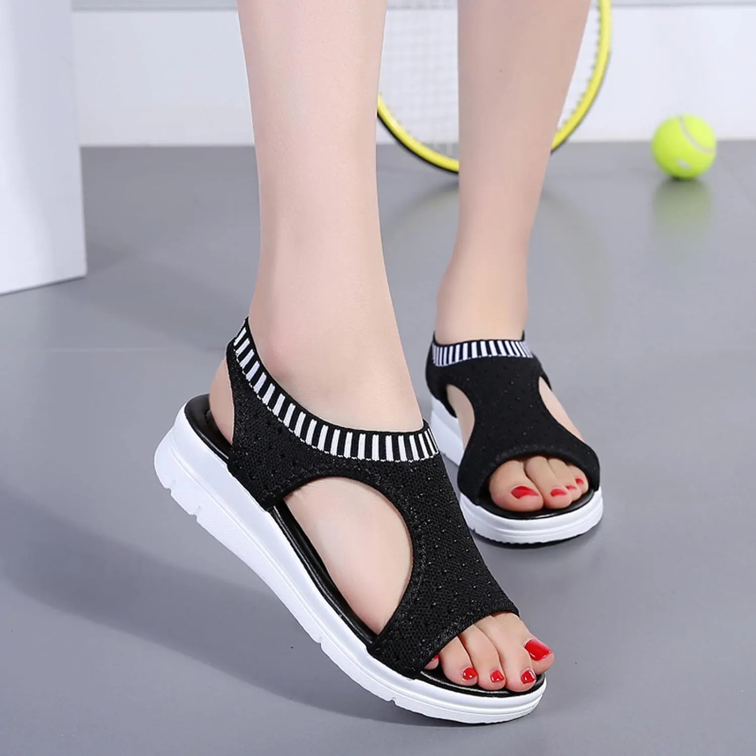 oiangi Knitted Wedge Sandals for Women Fashion Fish Mouth Open Toe Hollow Mesh Breathable Slip-on Platform Sport Sandals Summer Stretchy Comfy Walking Shoes