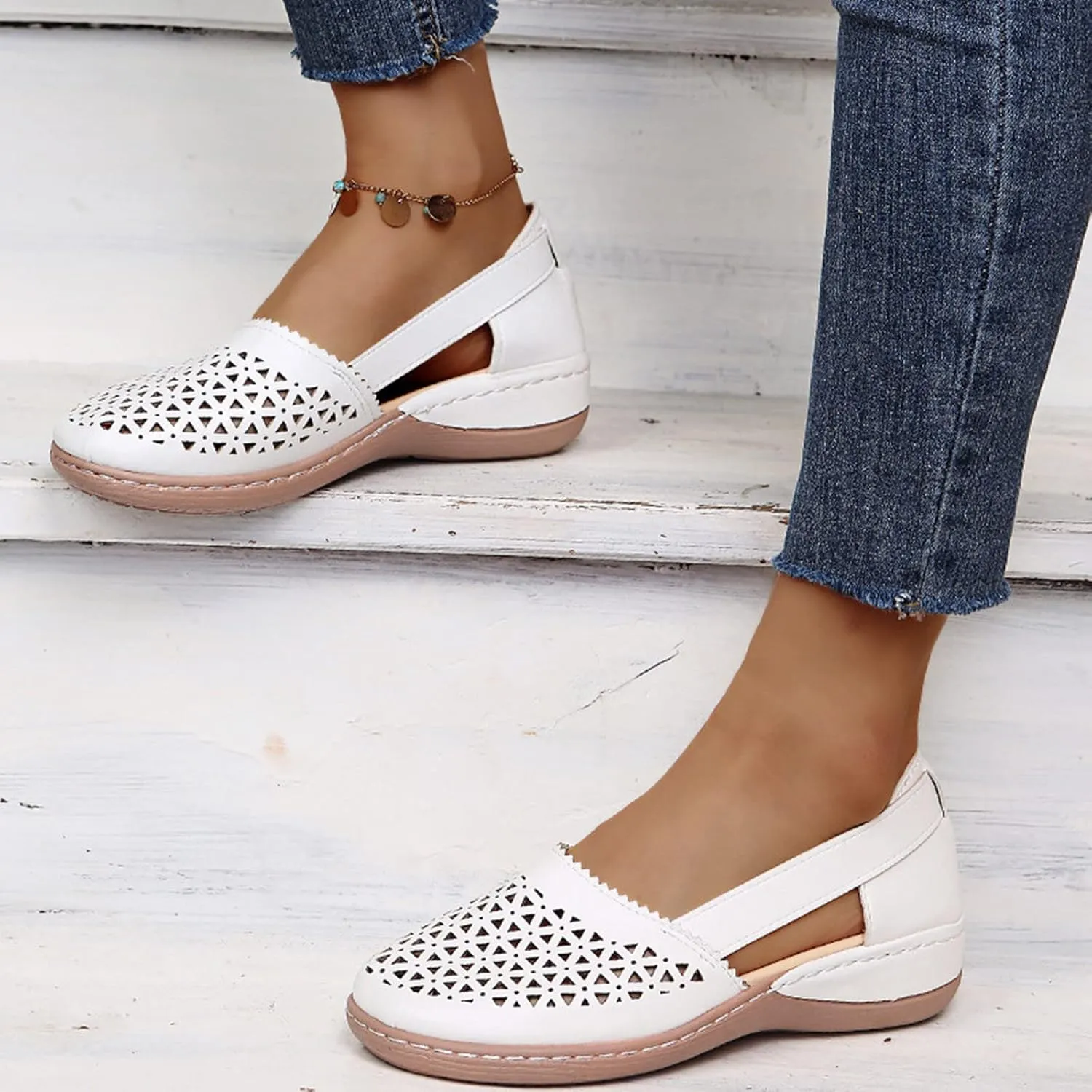 Orthopedic Sandals for Women Comfortable Closed Toe Casual Hollow Out Platform Sandal Orthotic Wedge Woven Walking Shoes Ladies Slip On Round Toe Dress Shoes