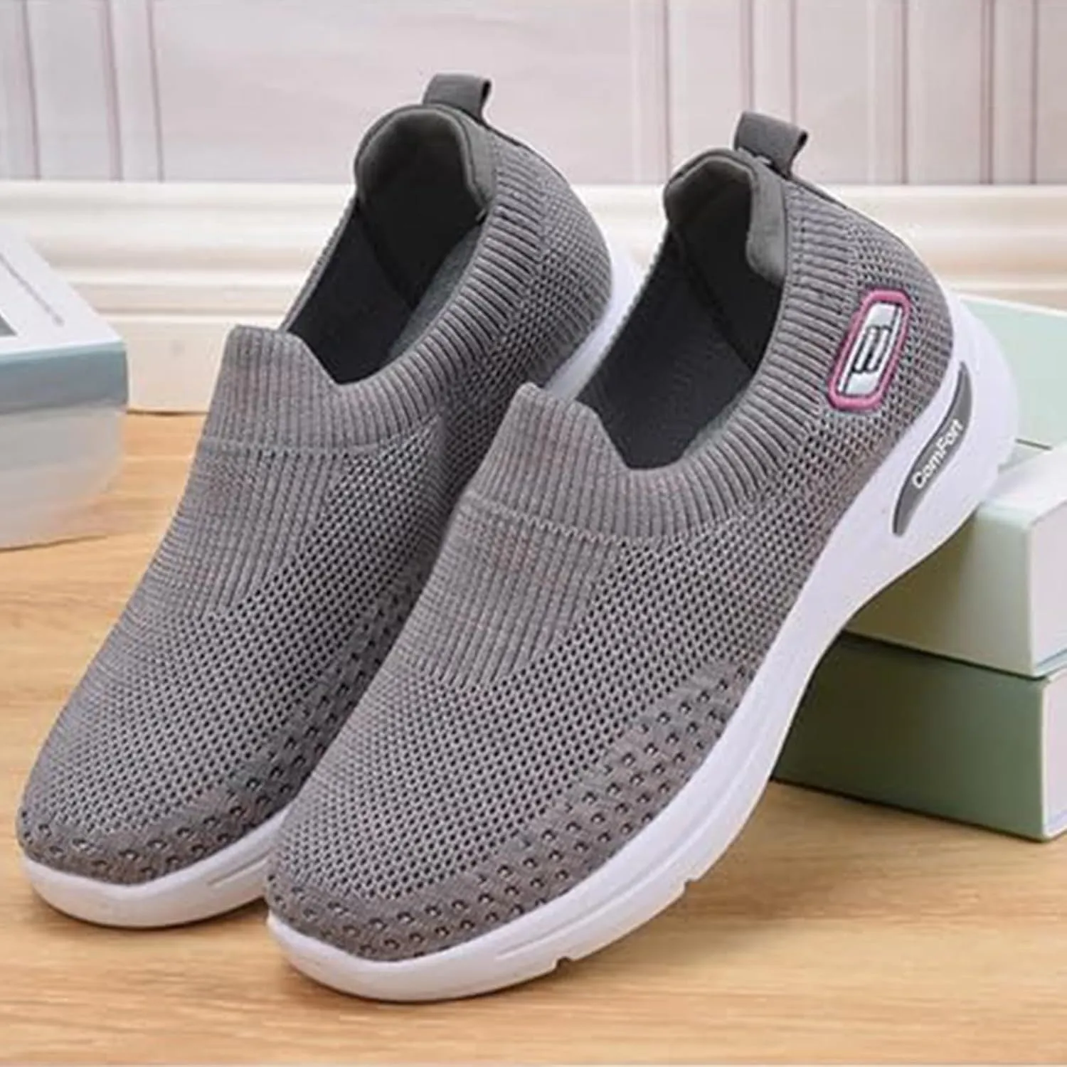 Orthopedic Sneakers for Women Arch Support Slip on Mesh Knitted Walking Shoes Breathable Non-Slip Work Shoes