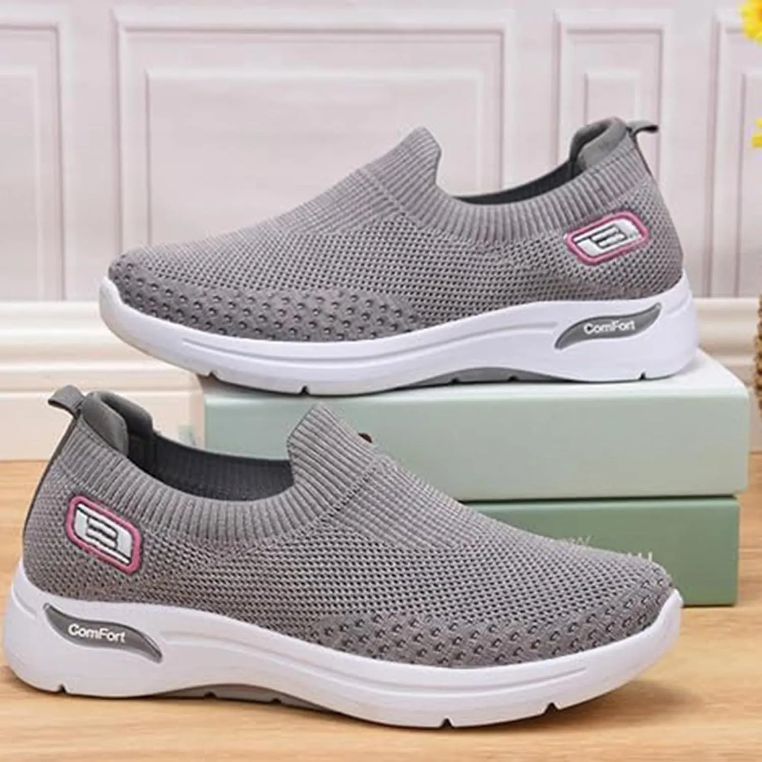 Orthopedic Sneakers for Women Arch Support Slip on Mesh Knitted Walking Shoes Breathable Non-Slip Work Shoes