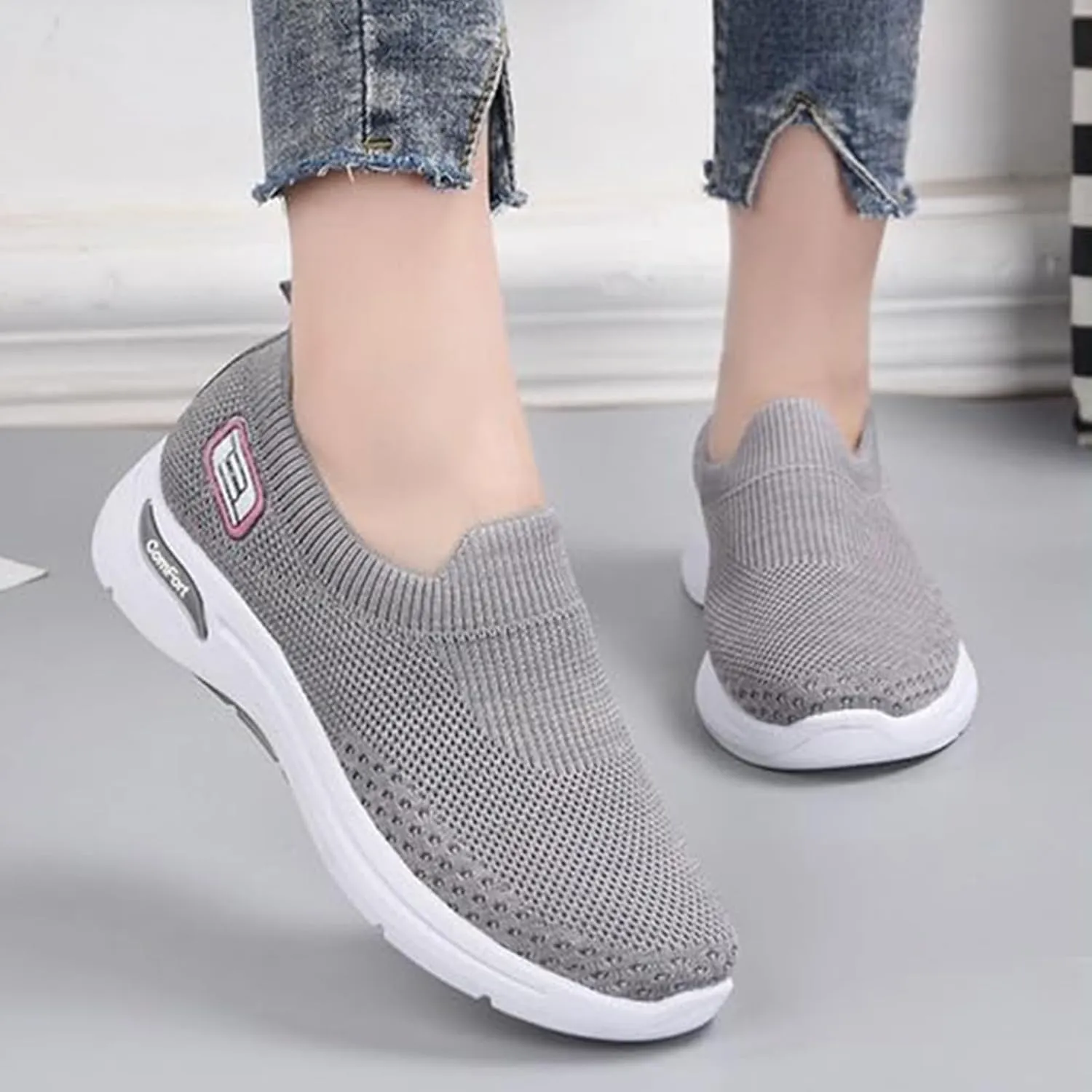 Orthopedic Sneakers for Women Arch Support Slip on Mesh Knitted Walking Shoes Breathable Non-Slip Work Shoes