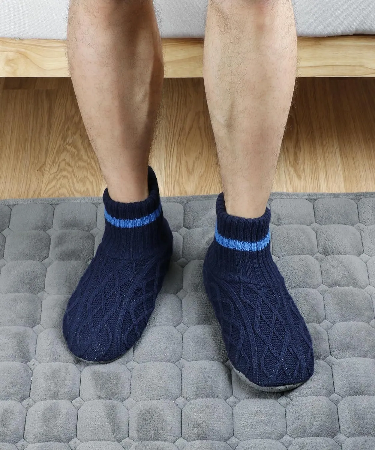 Panda Bros Men's Slipper Socks, Winter Cable Knit Non-Skid Warm Cozy Soft Indoor Socks With Fluffy Sherpa Lined