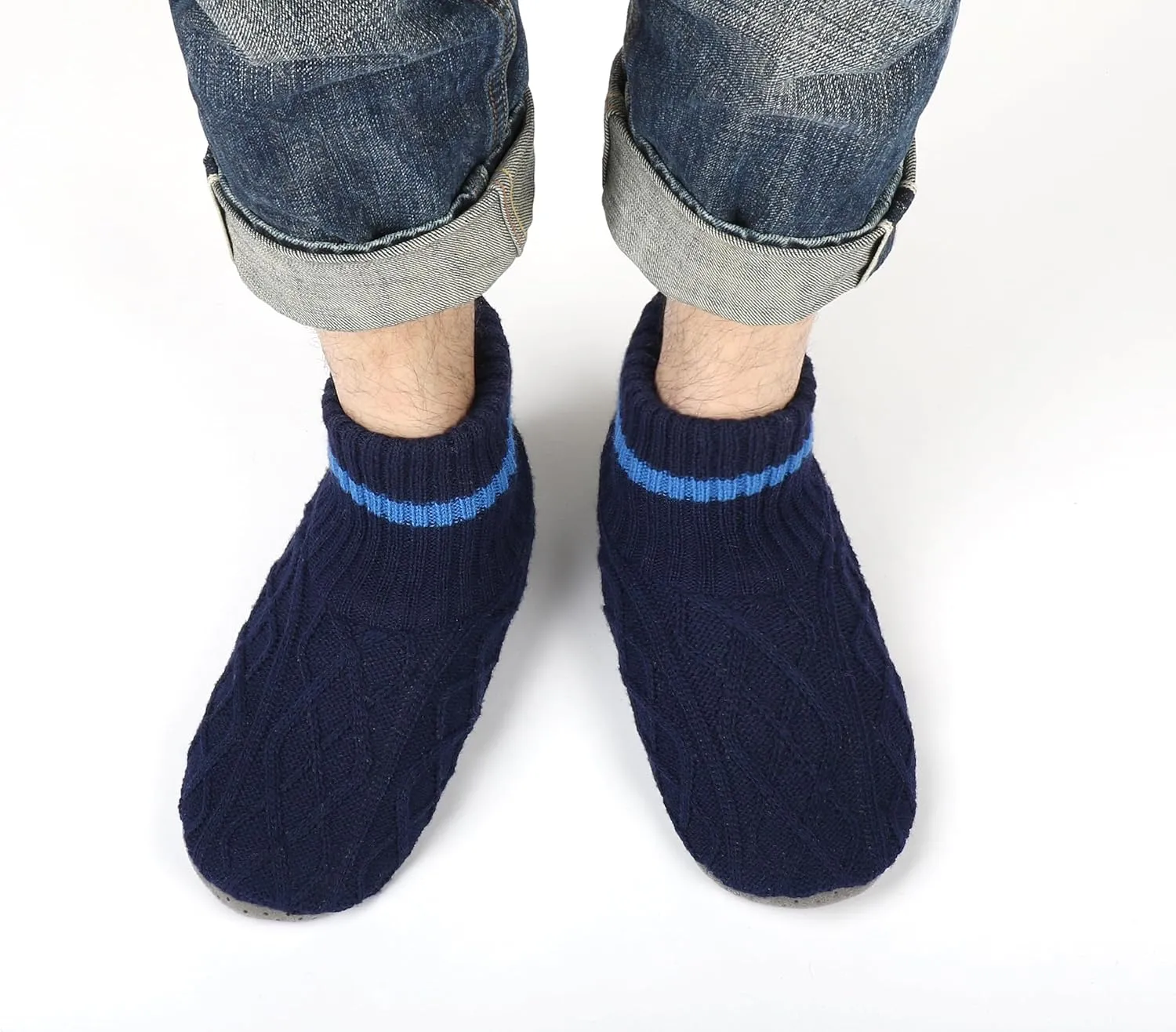 Panda Bros Men's Slipper Socks, Winter Cable Knit Non-Skid Warm Cozy Soft Indoor Socks With Fluffy Sherpa Lined