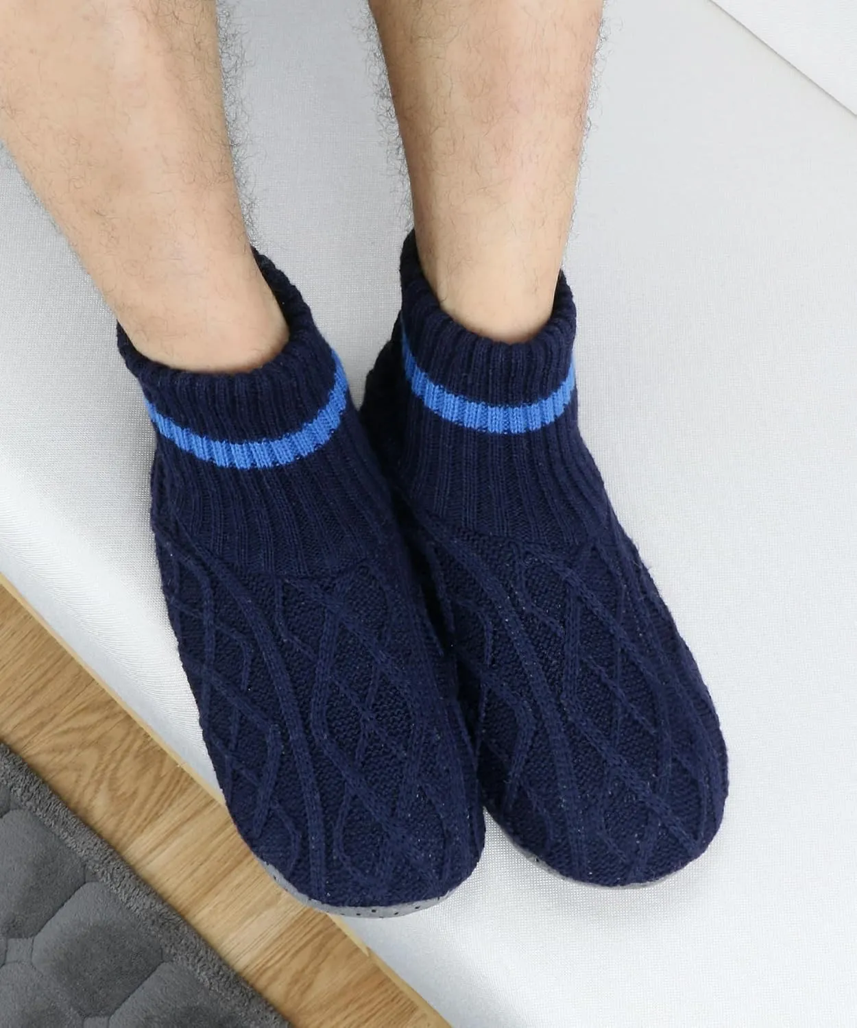 Panda Bros Men's Slipper Socks, Winter Cable Knit Non-Skid Warm Cozy Soft Indoor Socks With Fluffy Sherpa Lined